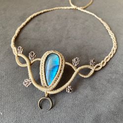 labradorite necklace,blue labradorite macrame choker necklace,woman necklace,labradorite tiara