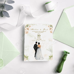 custom wedding card invitation, bride and groom, modern wedding invite, happily weds