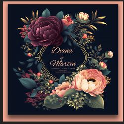 Psd dark floral wedding invitation with watercolor flowers royal themed wedding invitation