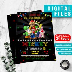 super mario bros, super mario invitation, super mario birthday invitation, mario birthday card, digital files