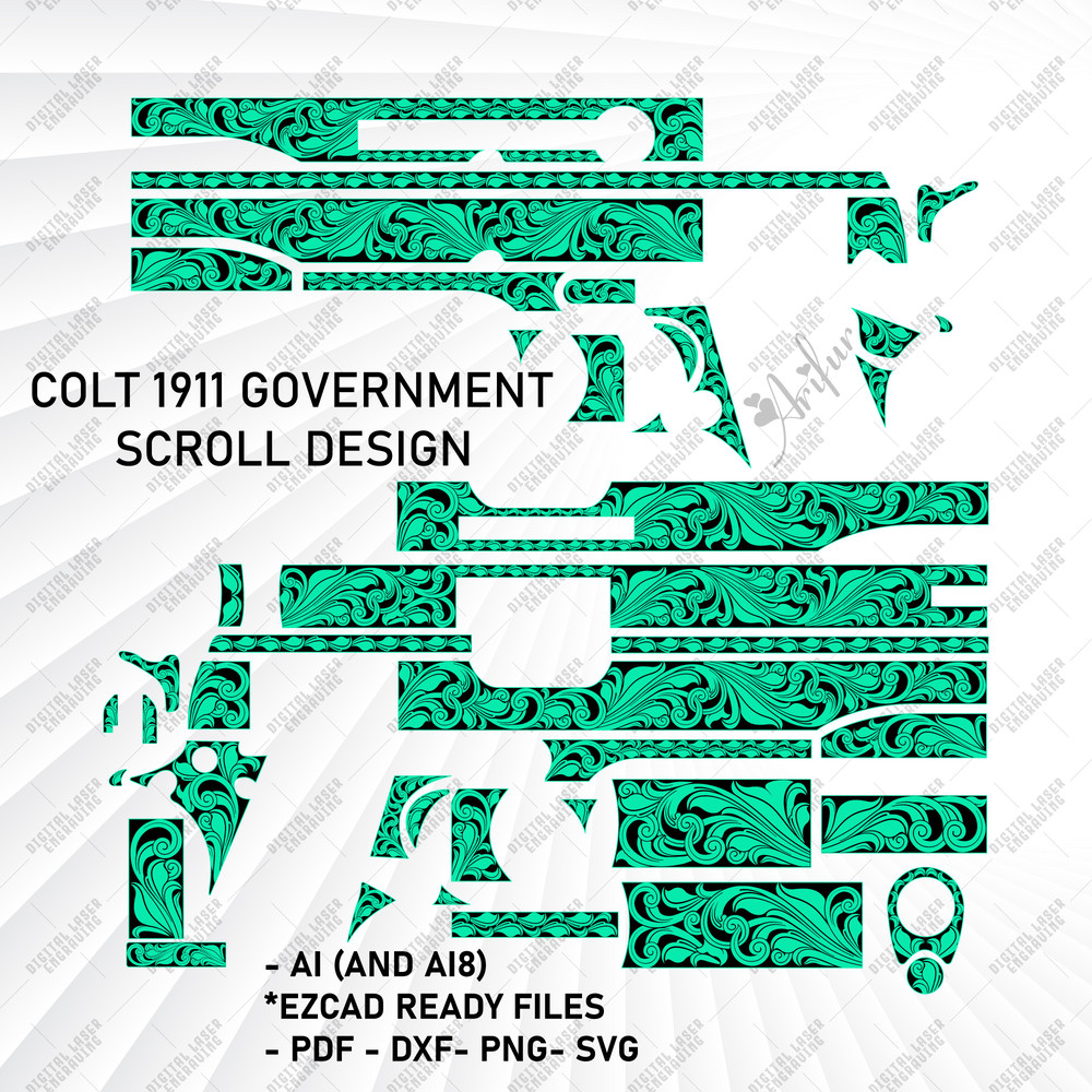 Colt 1911 Government Scroll DesignCustom Laser EngravingColt 1911 Svg Filelaser Cut Filesengraving 0