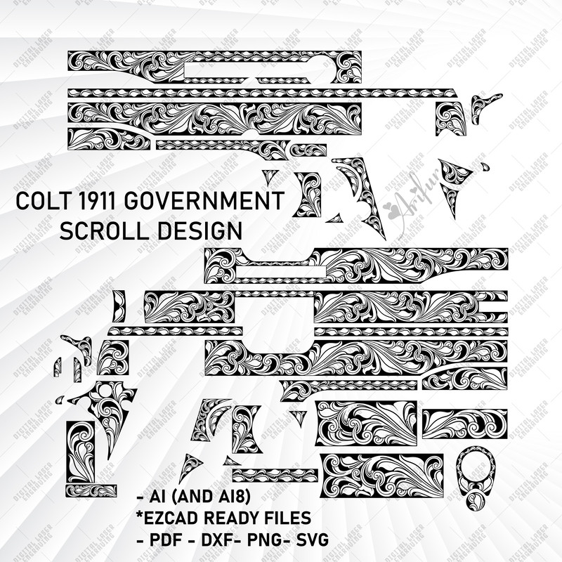 Colt 1911 Government Scroll DesignCustom Laser EngravingColt 1911 Svg Filelaser Cut Filesengraving 1