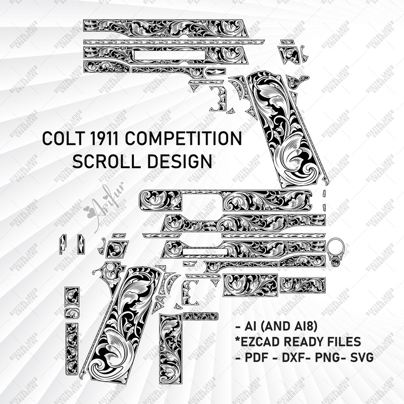 Colt 1911 Competition Scroll Design 1911 Engraving Colt 1911 Svg Scroll Work Laser Engraved File 1
