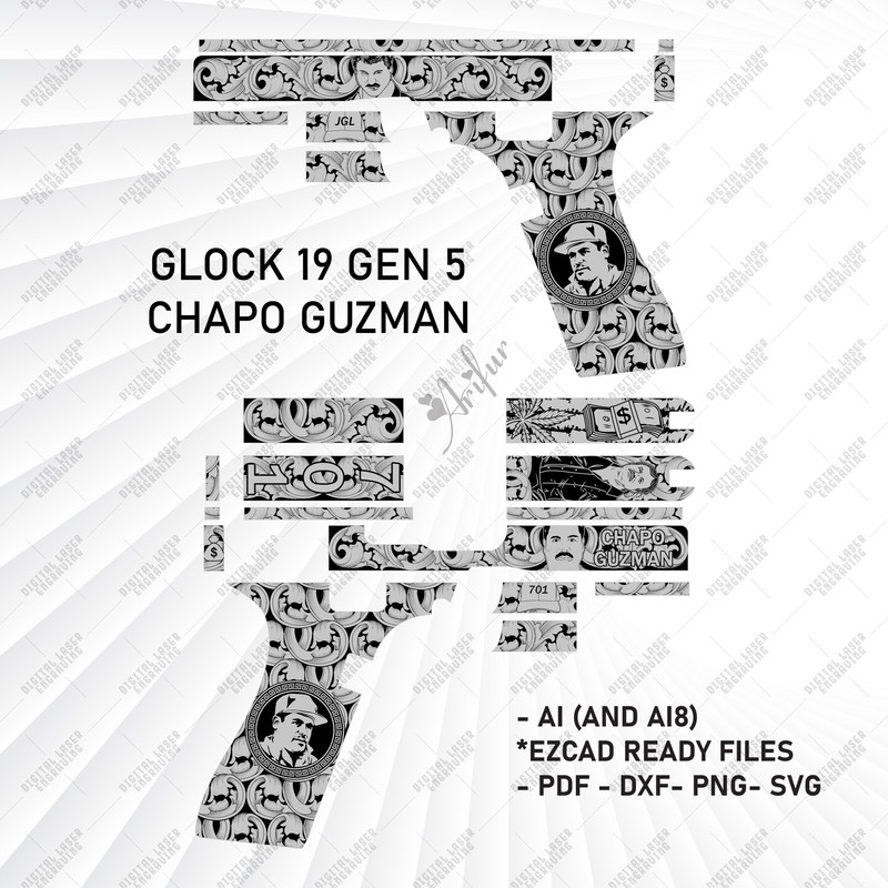 Glock 19 Gen 5 Chapo Guzman  Glock Engraving  El Chopo Svg  Glock Svg File  Glock Scroll Art  Svg T 1