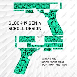 glock 19 gen 4 scroll ornamentals design | svg templates | glock svg file | engraving glock file | laser cut