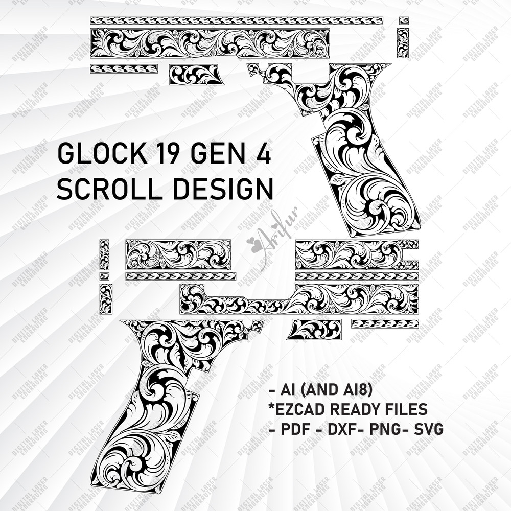 Glock 19 Gen 4 Scroll Ornamentals Design Svg Templates Glock Svg File Engraving Glock File Lase 1