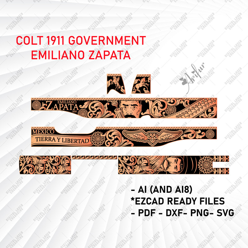 Colt 1911 Government Emiliano Zapata Customs Art Zapata Engraving Design Vintage Elements Scroll 0