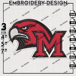 NCAA Miam RedHawks Team Logo Embroidery File, NCAA Miam RedHawks Team Embroidery Design, NCAA 3 sizes Machine Emb File