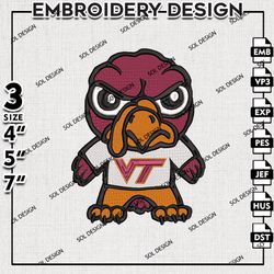 NCAA Virginia Tech Hokies Mascot Logo Embroidery File, NCAA Virginia Tech Embroidery Design, 3 sizes Machine Emb File