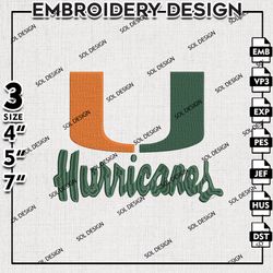Miami Hurricanes embroidery Files, Miami Hurricanes logo embroidery, Ncaa Miami Hurricanes, NCAA embroidery