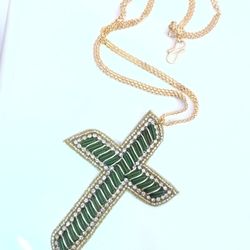 gold and green cross pendant with chain, handmade jewelry for a tuch of spiritual. unique design, perfect gift for easte