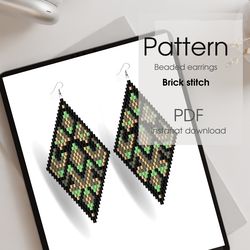Beading pattern, beaded earrings rhombus pattern, brick stitch PDF, beadwork DIY, black green
