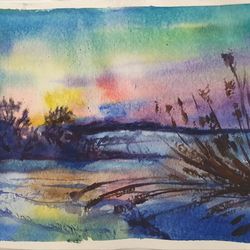 drawing of a sunset in winter made in watercolor