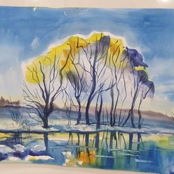 drawing of early spring, river, ice made in watercolor