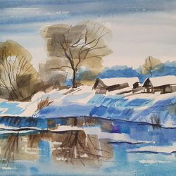 watercolor drawing of winter in a Russian village