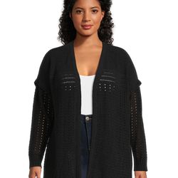 Terra & Sky Women's Plus Open Front Chenille Cardigan Sweater - Black Soot