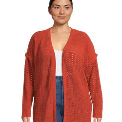 Terra & Sky Women's Plus Open Front Chenille Cardigan Sweater - Orange Brick