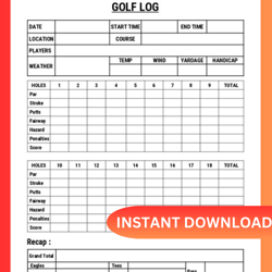 GOLF Scorecard, Printable Golf log, PDF