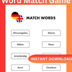 German To English Word Match Game - Learning German Workbook
