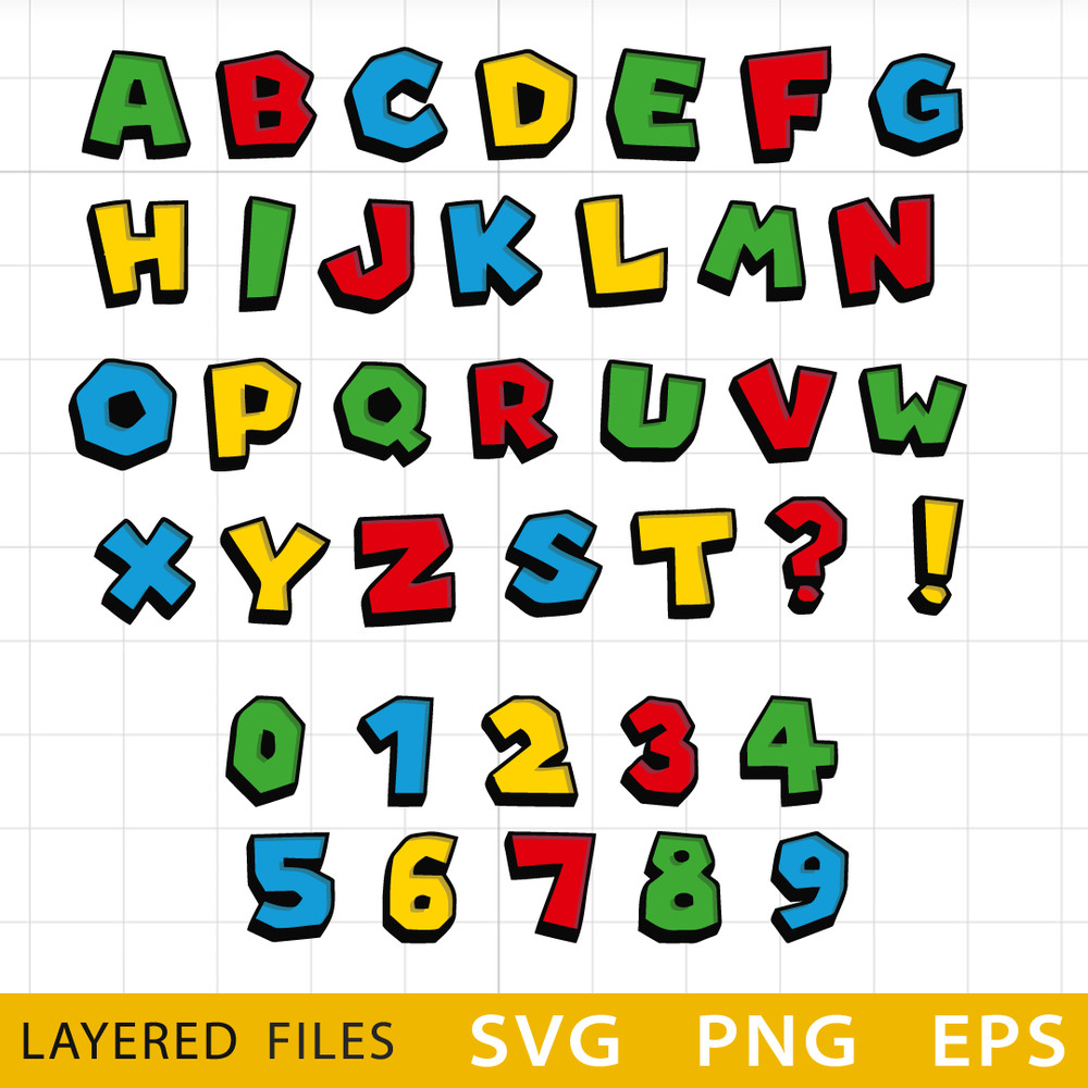 Mario Alphabet SVG, Mario Cricut file, Mario Font Cut files, Mario clipart, Mario svg birthday, Mario printable .png