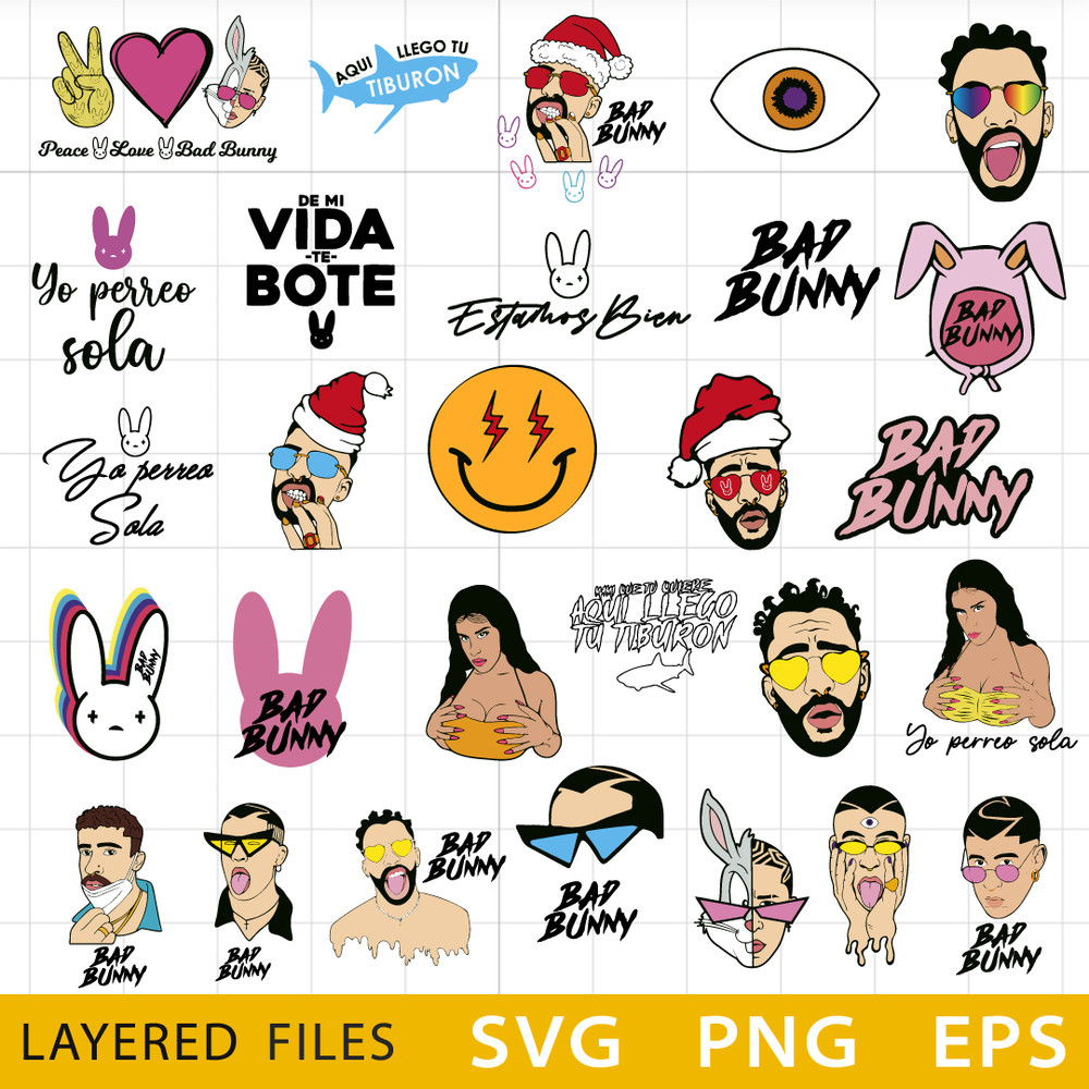 Bad Bunny Bundle Layered SVG, Cricut file, Cut files, Layered digital vector file, Digital download .png