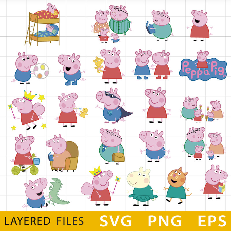 Peppa Pig Bundle SVG, Peppa Pig Cricut file, Cut files, Layered digital vector file, Peppa Pig Digital download, Decor .png