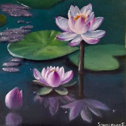 Oil Painting Lotuses In Water Hardboard Size 6 on 6 Inches