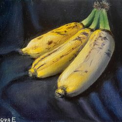 Oil Painting Still Life Three Bananas Canvas on Hardboard Size 6 on 8 Inches