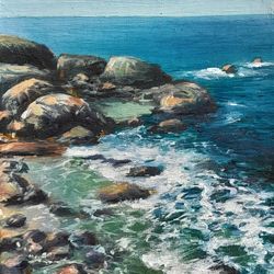 Miniature Oil Painting On Canvas Seashore With Stone Blocks Size 4 on 4 Inches