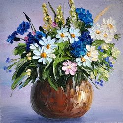 Oil Painting Flowers Impasto On Hardboard Size 6 on 6 Inches