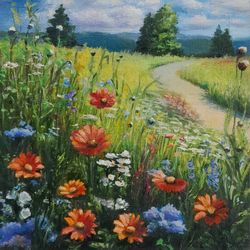 Oil Painting Summer Flower Field On Canvas Hardboard Size 6 on 6 Inches