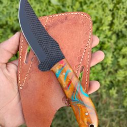 Custom Handmade Damascus Steel Fixed Blade Knife With Leather Sheath 8 Inches NHMBLADES