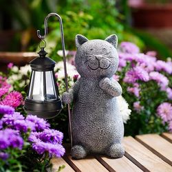 Solar Garden Statue Cat Figurine- Garden Art with Solar Lantern, Loving Cat for Patio,Balcony,Yard, Lawn-Unique Housewar
