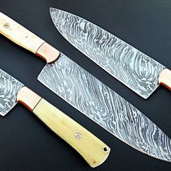 damascus knife custom handmade -13" inches chef kitchen knife camel bone handle
