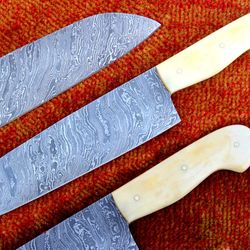 handmade damascus steel kitchen chef knife beautiful natural camel bone handle knife 12.5"