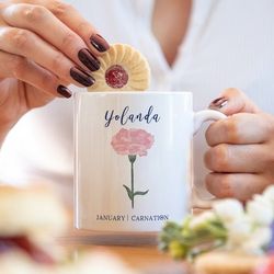 birth flower personalised mug, personalized mug with birth month flower, birthday gift for her birth flower gift