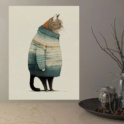 poster, fat gray cat in sweater poster, cat lover poster wall art for living room, wall decor for bedroom, home decor