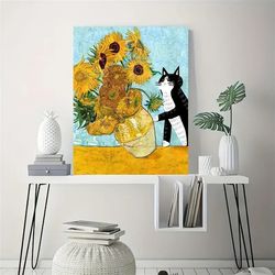 van gogh sunflower vintage poster and print painting, funny black cat canvas wall art, flower decorative painting