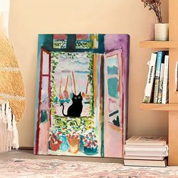 nordic black cat, oil painting style, cute poster, art for home decoration, pattern wall art decor, for living room, bed