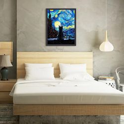starry night cat painting spiral night starry sky poster wall art painting, colorful abstract farmhouse aesthetic room