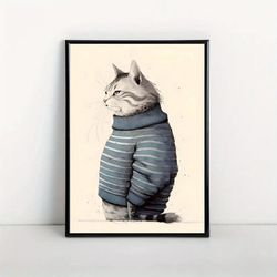 Funny Cat Poster, Minimal Sweater Poster Wall Art For Living Room, Wall Decor For Bedroom, Home Decor Room Decor