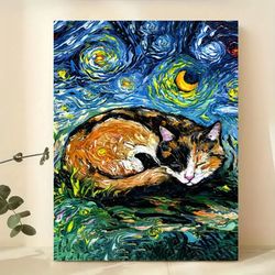 poster sleeping calico cat starry night art print, pet kitty moon wall art for living room, wall decor for bedroom, home