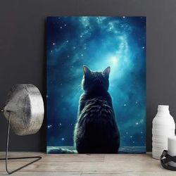 printed painting, cat looking up at the starry sky poster, blue starry sky fantasy decorative painting, wall decor, home