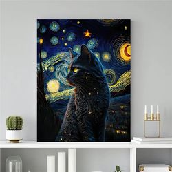 starry night cat painting poster - funny black cat art decor for home bar and coffee shop wall decoration, halloween