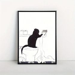 Unframed Poster, Cartoon Art, Black Cat Standing On The Toilet To Take Paper Towels, Ideal Gift For Bedroom Living Room