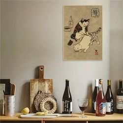 paper print, abstract animals poster, funny cat picture, home decor, japanese ninja samurai cat tattoo wall art painting