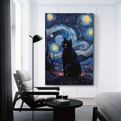 Black Cat Poster Starry Night Cat Art Painting Retro Bedroom Decoration Poster Art Poster And Wall Art Picture Print