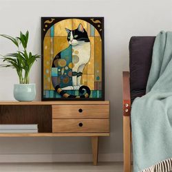 Poster Printed Painting Home Decor Cat Art Gold And Jewel Toned Pattern Black And White Cat, Gift For Her Wall Decor