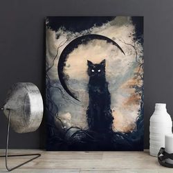 Poster Printed Painting, Fearless Familiar, Lanky & Hungry Black Cat Haunting Surreal Landscape Beneath Crescent Moon