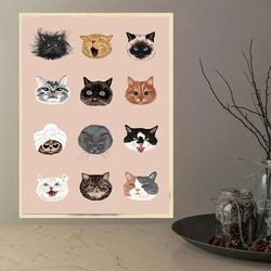 Poster, Cartoon Art, Funny Cat Heads Print Wall Art Animals Nursery Decor Minimalist Cat Poster Painting, Ideal Gift